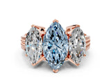 Rose gold Fancy Blue Marquise Cut Diamond Three-Stone Ring with Prong Setting and Textured Band