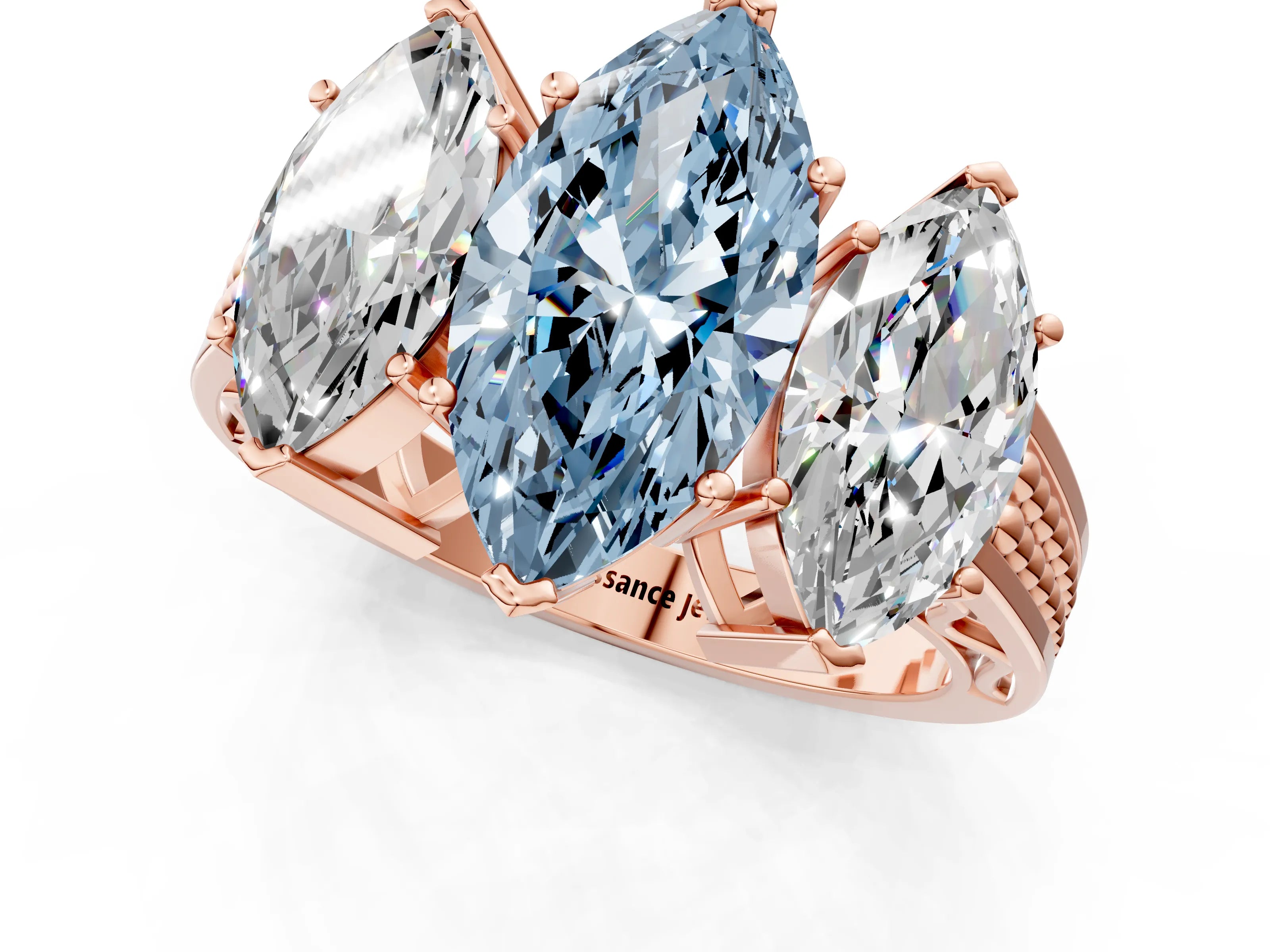 Rose gold Fancy Blue Marquise Cut Diamond Three-Stone Ring with Prong Setting and Textured Band_1