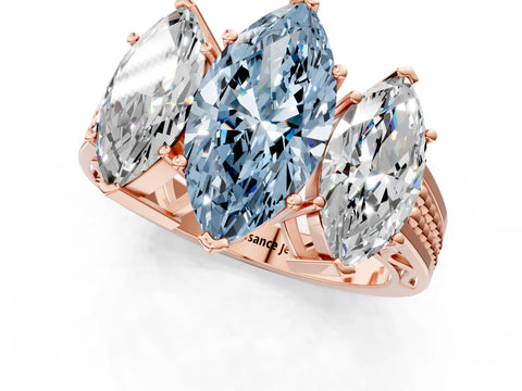 Rose gold Fancy Blue Marquise Cut Diamond Three-Stone Ring with Prong Setting and Textured Band_1