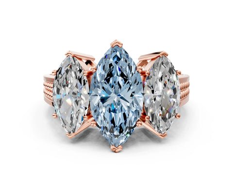 Rose gold Fancy Blue Marquise Cut Diamond Three-Stone Ring with Prong Setting and Textured Band