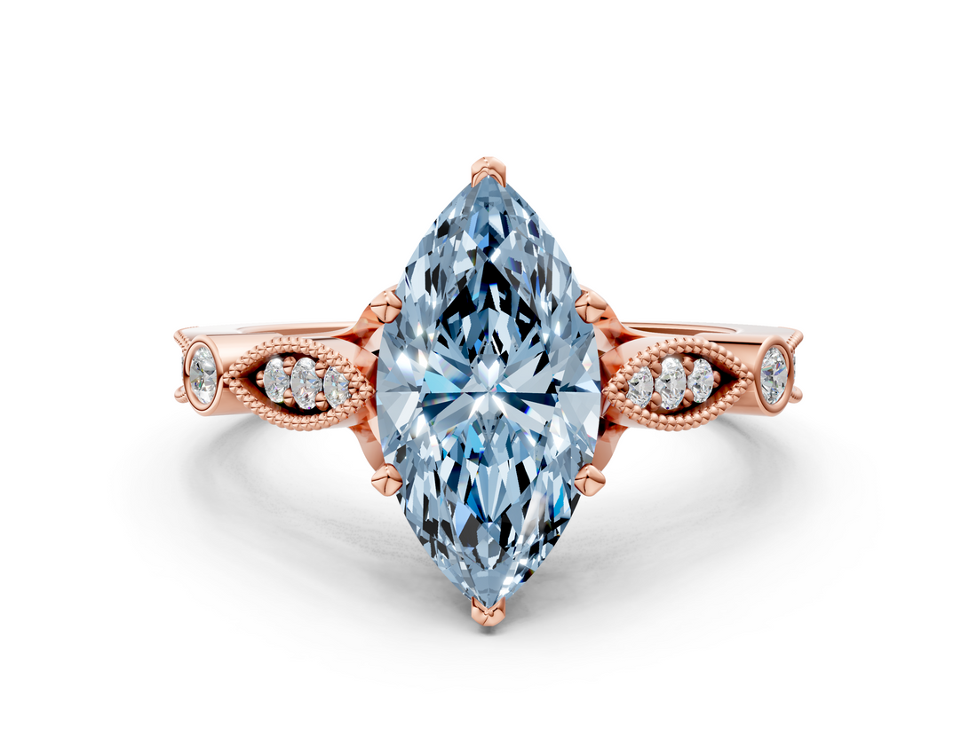 Rose gold Fancy Blue Marquise  Cut Diamond with Milgrain Marquise and Bezel Accents on a Solitaire Band with Prong Setting_212