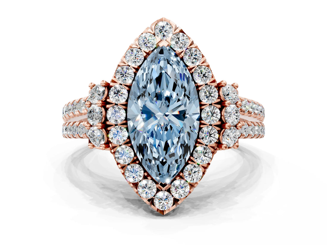 Rose gold Fancy Blue Marquise  Cut Double Halo Diamond Engagement Ring with Pave Band and Four-Prong Setting_43