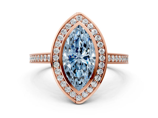 Rose gold Fancy Blue Marquise Cut Halo Bezel Diamond Pave Band Ring