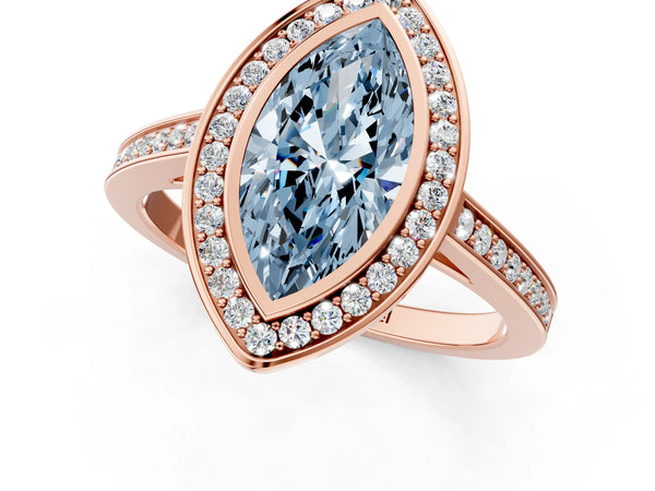 Rose gold Fancy Blue Marquise Cut Halo Bezel Diamond Pave Band Ring