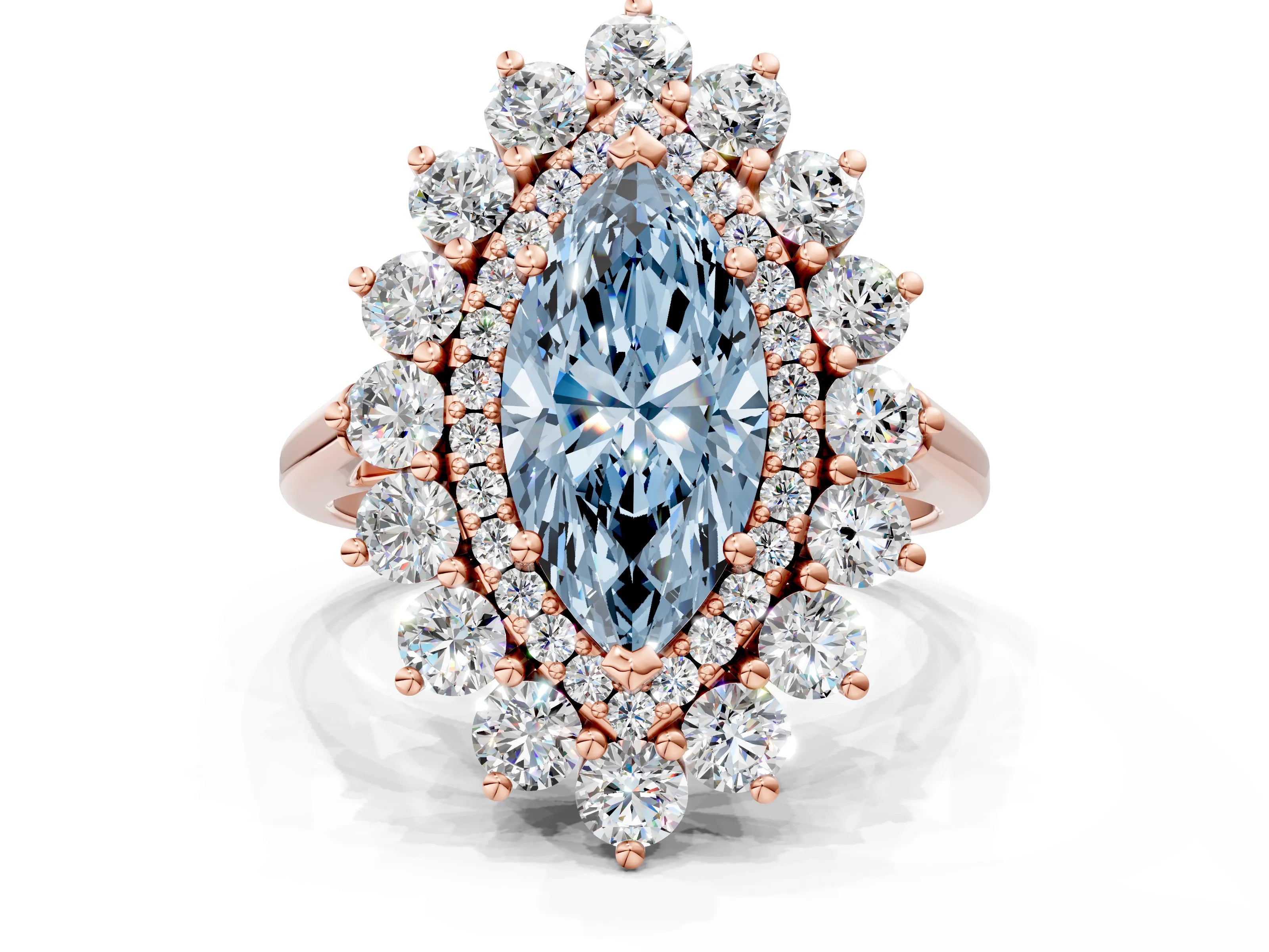 Rose gold Fancy Blue Marquise Cut Halo Cluster Diamond Ring with Pave Band and Four-Prong Setting