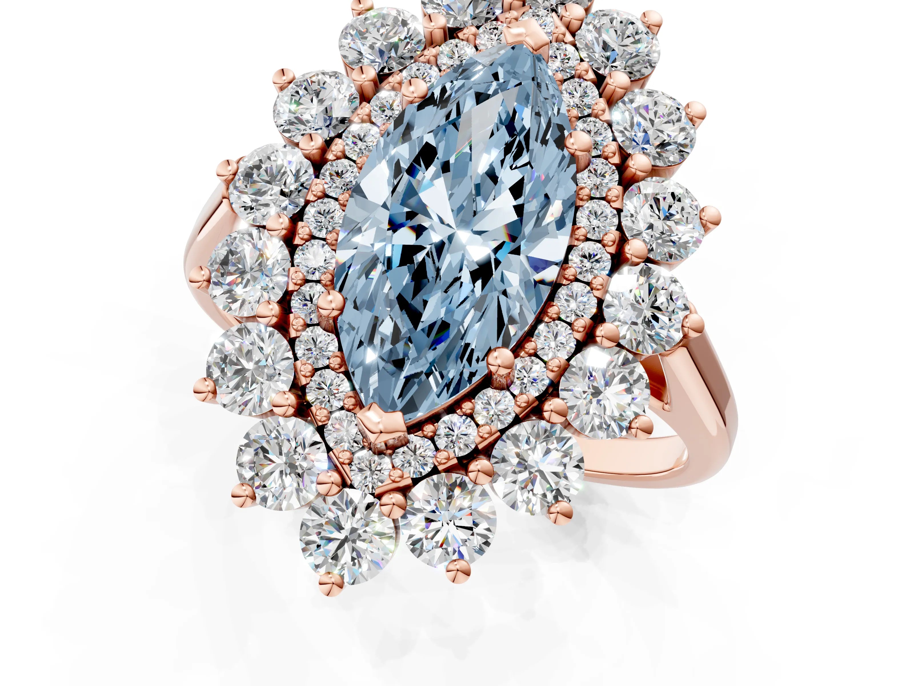 Rose gold Fancy Blue Marquise Cut Halo Cluster Diamond Ring with Pave Band and Four-Prong Setting_1