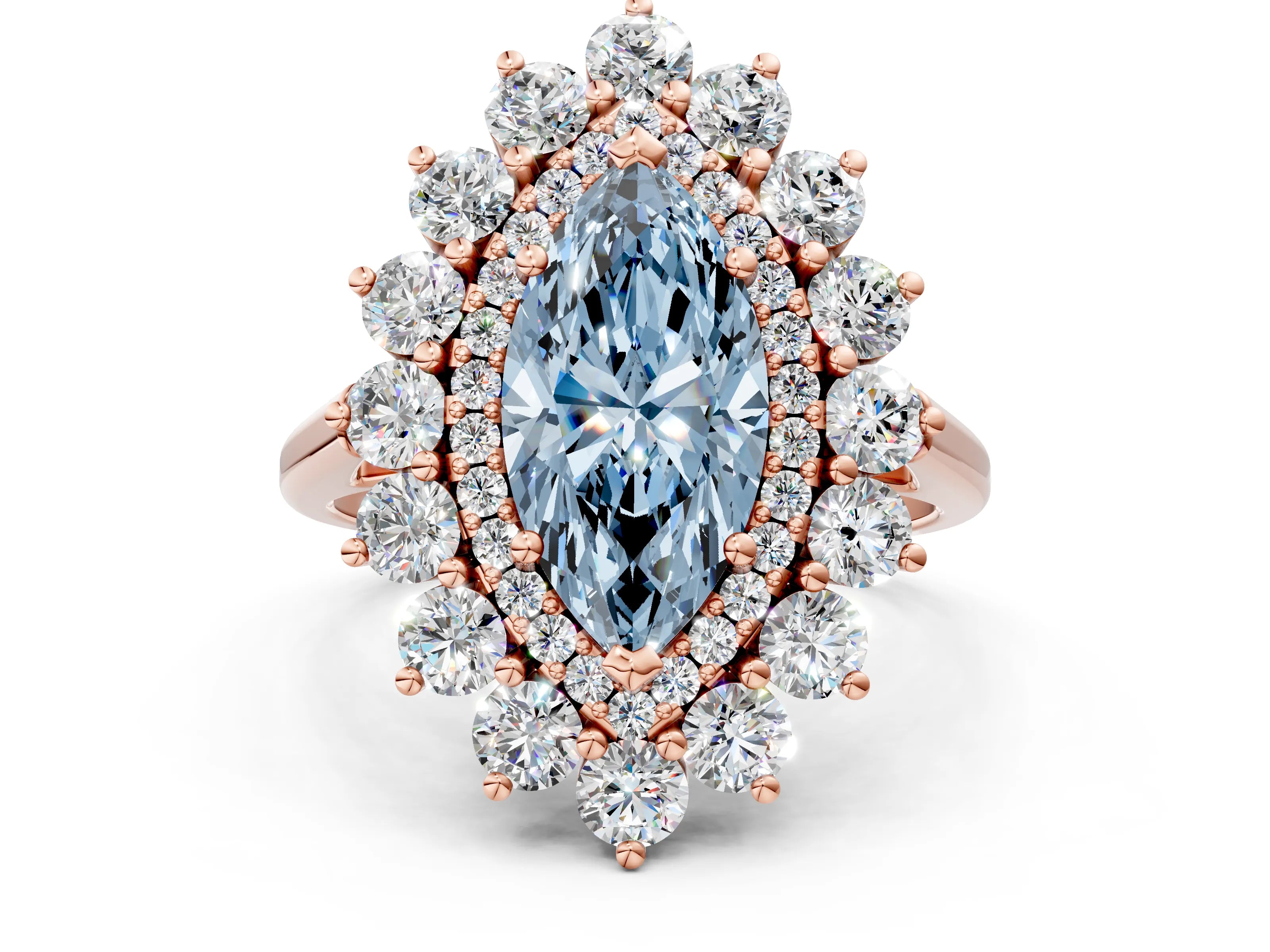 Rose gold Fancy Blue Marquise Cut Halo Cluster Diamond Ring with Pave Band and Four-Prong Setting_12