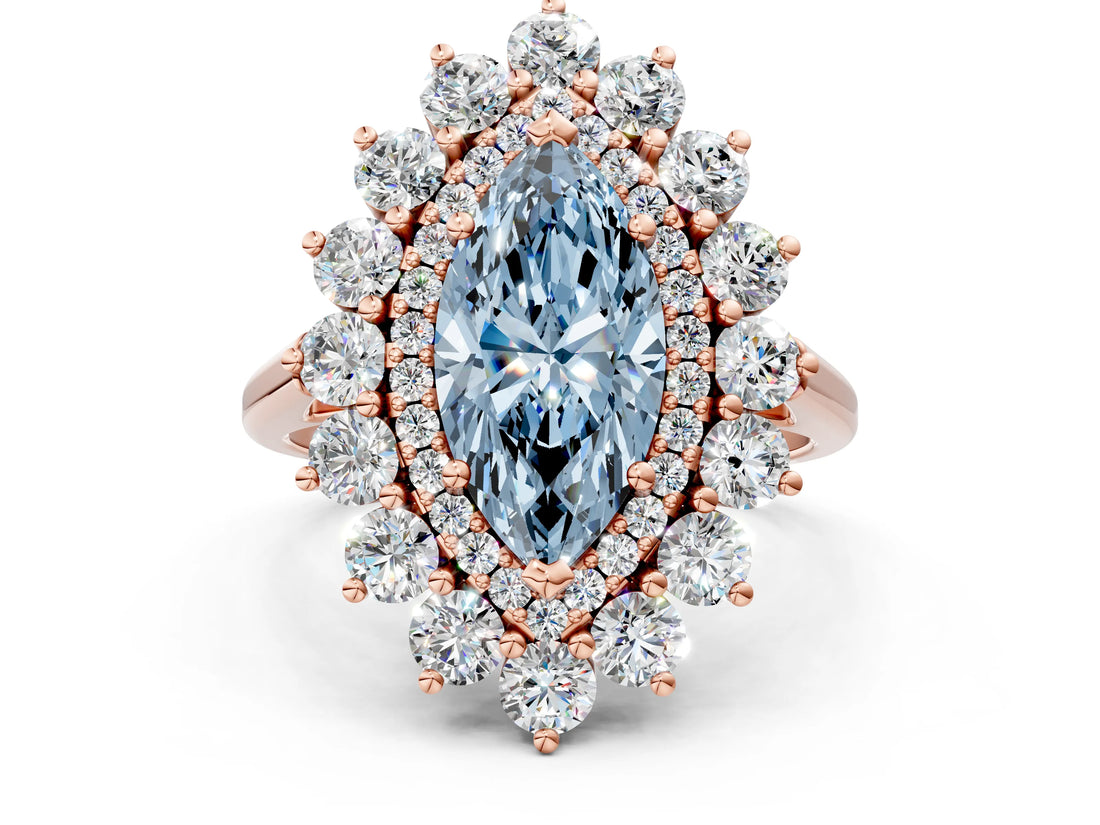 Rose gold Fancy Blue Marquise Cut Halo Cluster Diamond Ring with Pave Band and Four-Prong Setting_12