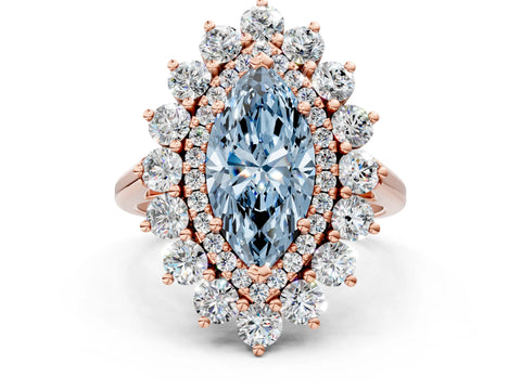 Rose gold Fancy Blue Marquise Cut Halo Cluster Diamond Ring with Pave Band and Four-Prong Setting_12