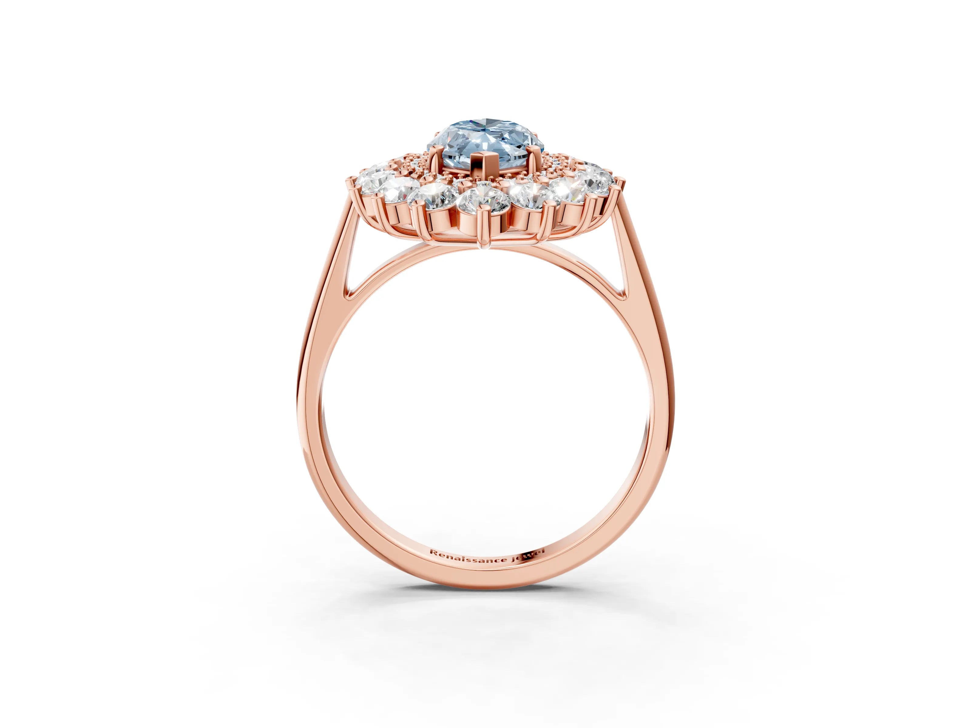 Rose gold Fancy Blue Marquise Cut Halo Cluster Diamond Ring with Pave Band and Four-Prong Setting_15