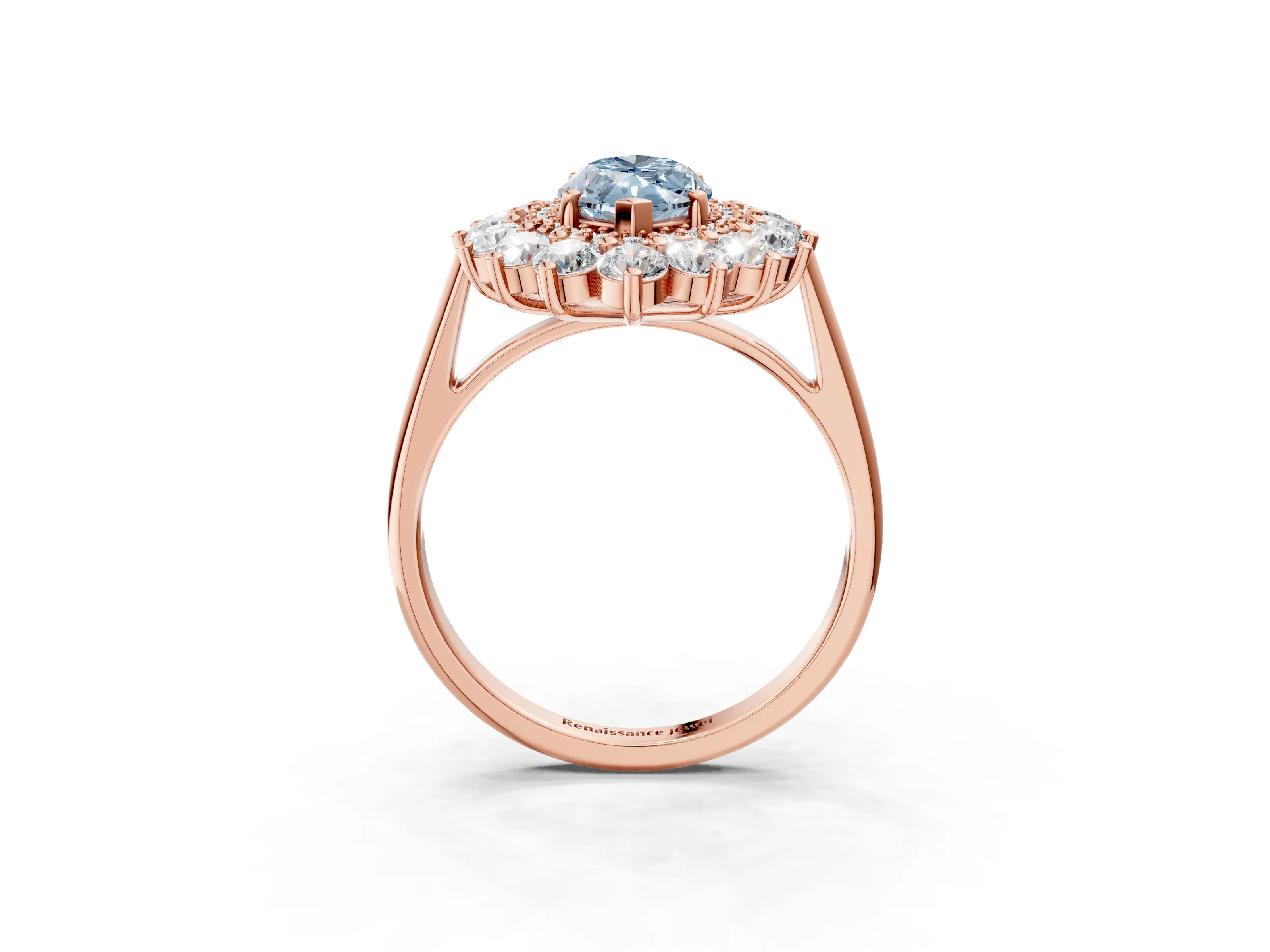 Rose gold Fancy Blue Marquise Cut Halo Cluster Diamond Ring with Pave Band and Four-Prong Setting_3