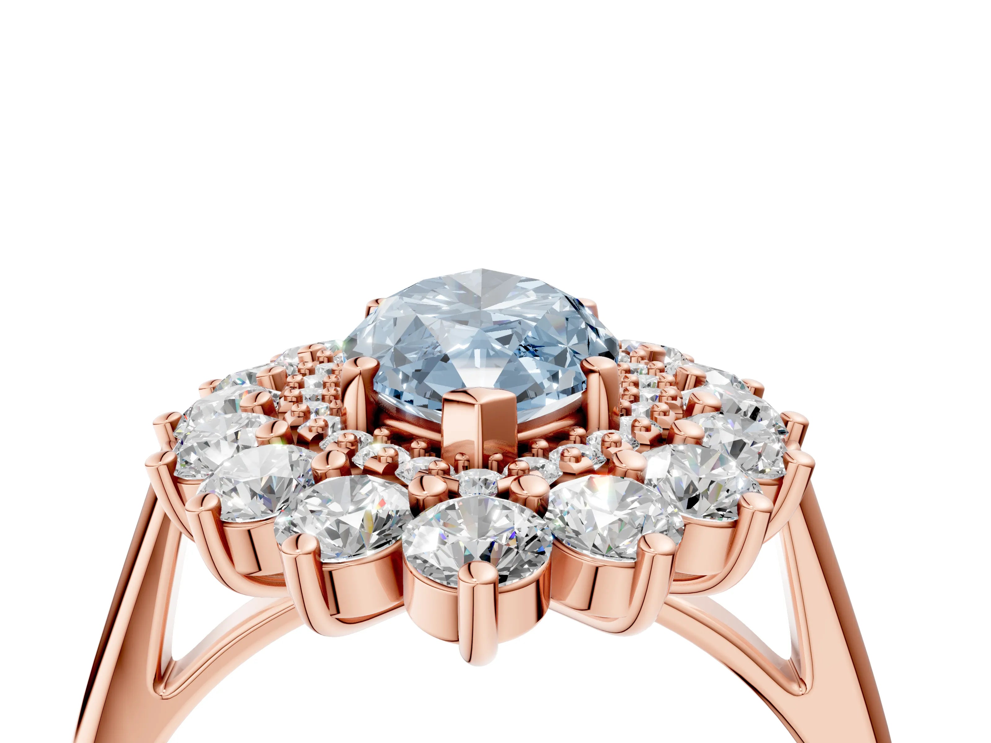 Rose gold Fancy Blue Marquise Cut Halo Cluster Diamond Ring with Pave Band and Four-Prong Setting_4