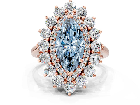 Rose gold Fancy Blue Marquise Cut Halo Cluster Diamond Ring with Pave Band and Four-Prong Setting