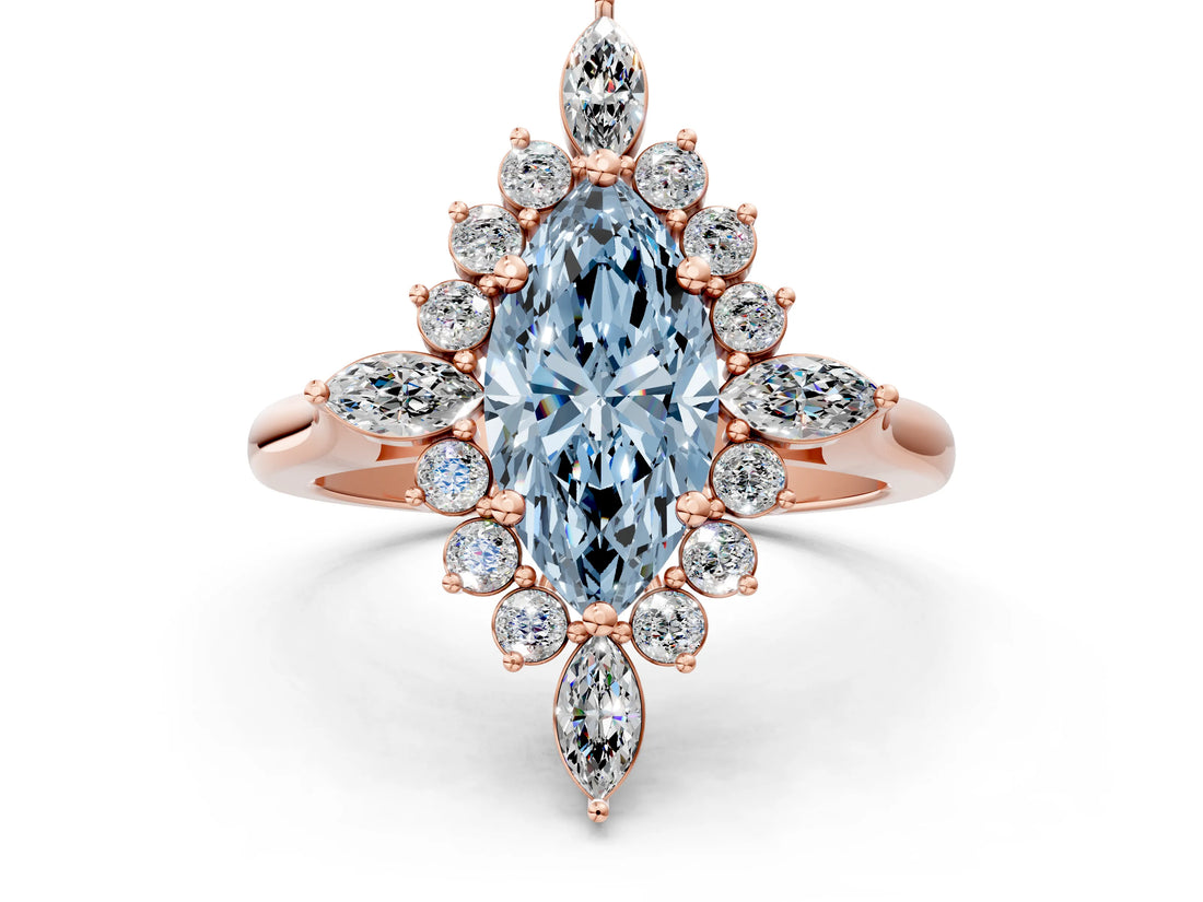 Rose gold Fancy Blue Marquise Cut Halo Diamond Cluster Ring with Marquise and Round Stones on a White Gold Band with Prong Setting