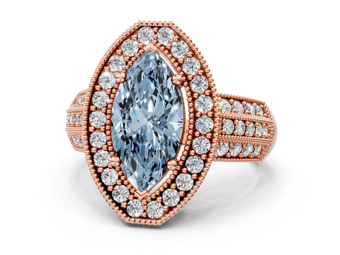 Rose gold Fancy Blue Marquise Cut Halo Diamond Engagement Ring with Pave Split Shank and Four-Prong Setting