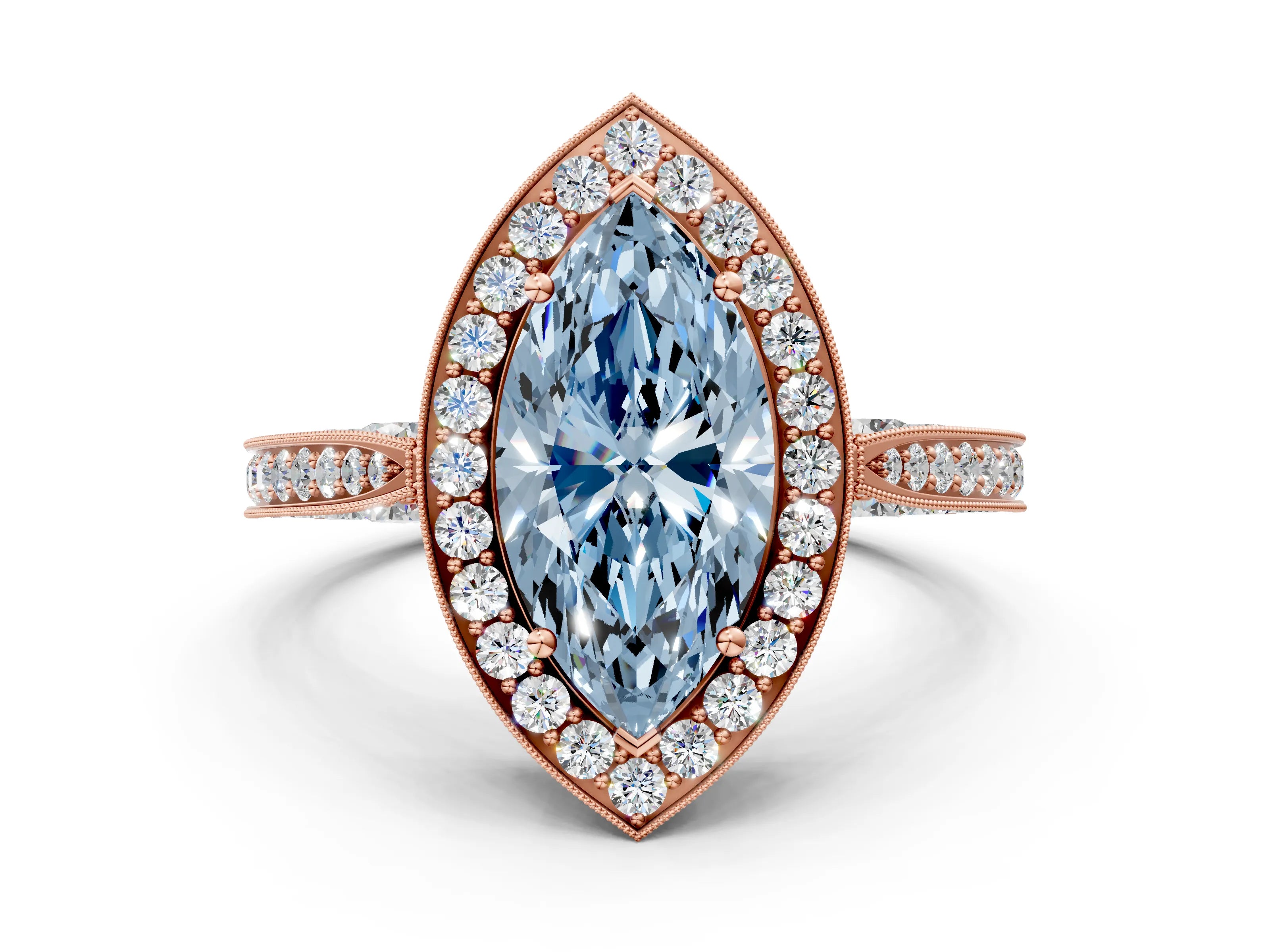 Rose gold Fancy Blue Marquise Cut Halo Diamond Engagement Ring with Split Shank Band and Four-Prong Setting