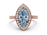Rose gold Fancy Blue Marquise Cut Halo Diamond Engagement Ring with Split Shank Band and Four-Prong Setting