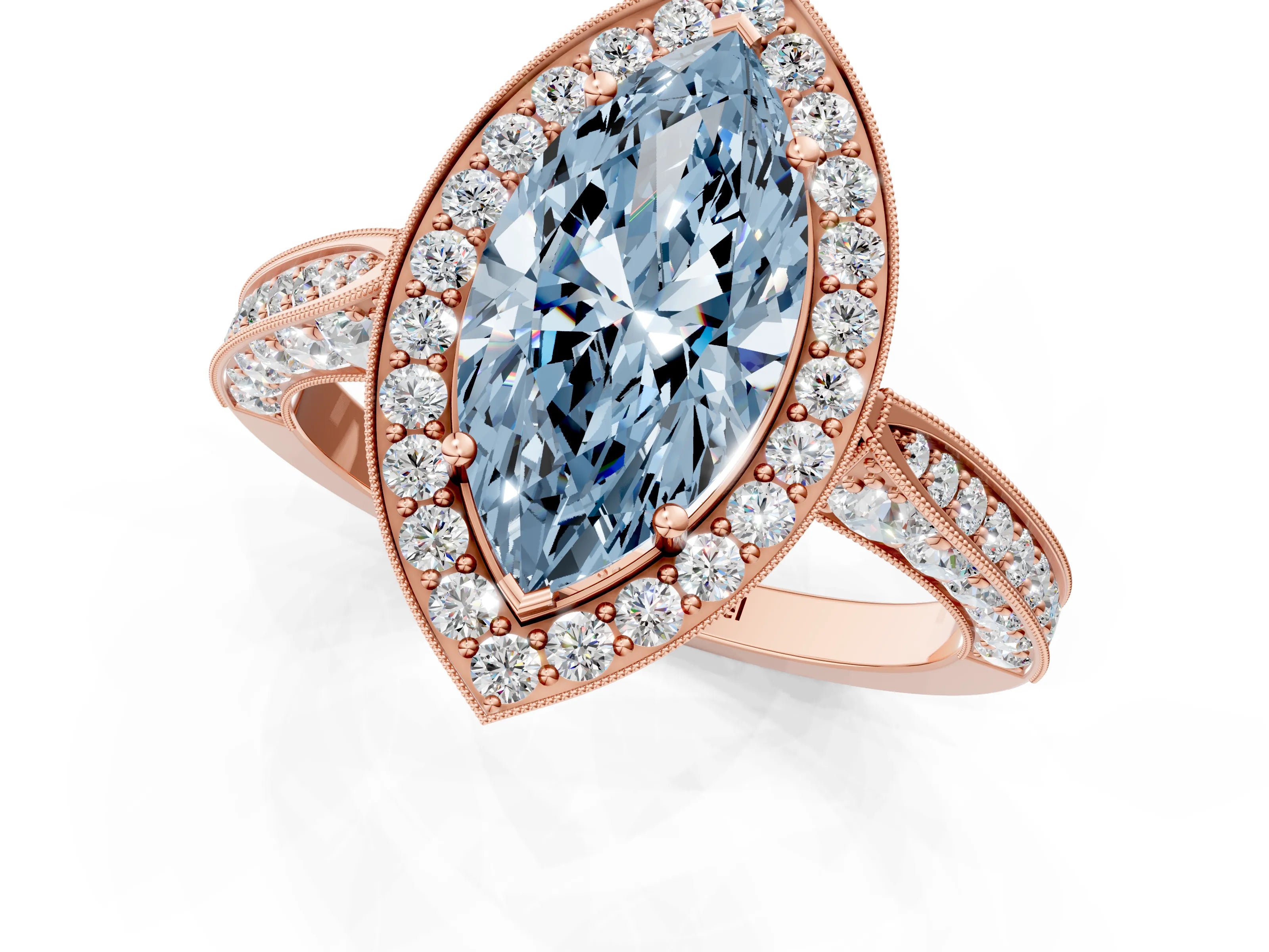 Rose gold Fancy Blue Marquise Cut Halo Diamond Engagement Ring with Split Shank Band and Four-Prong Setting_1