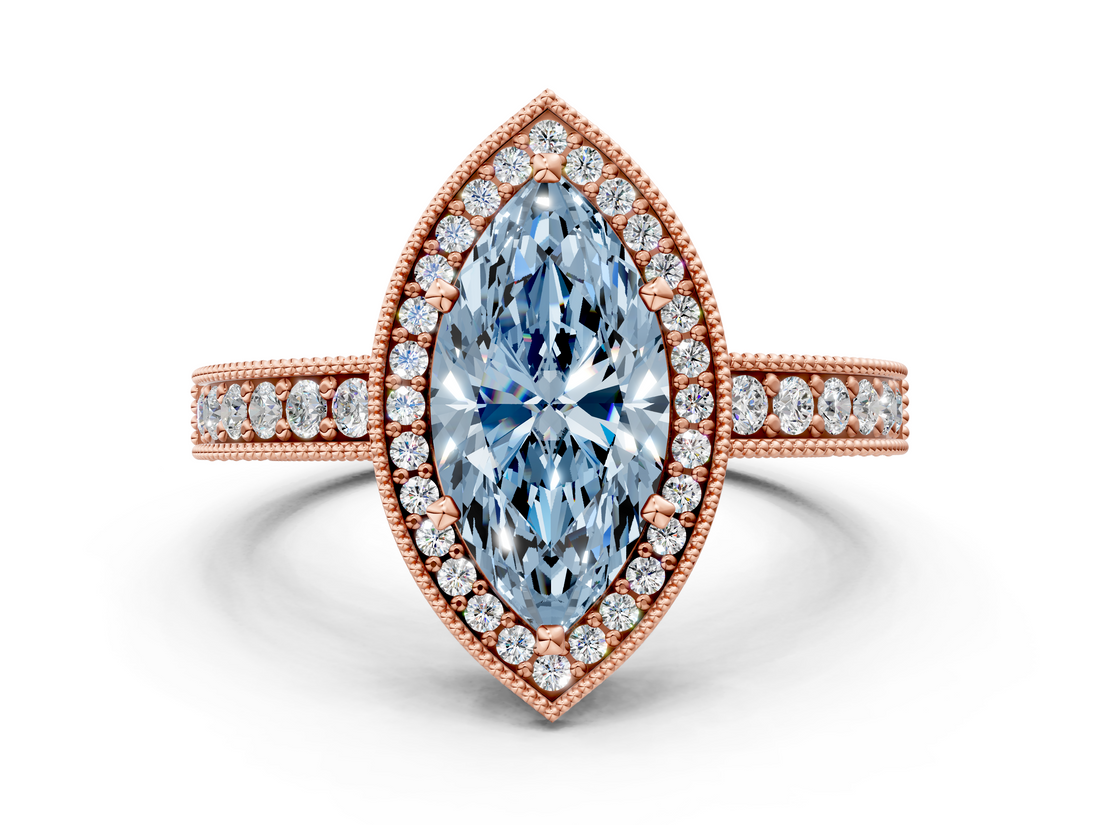 Rose gold Fancy Blue Marquise  Cut Halo Diamond Pave Band Ring with Four-Prong Setting_24