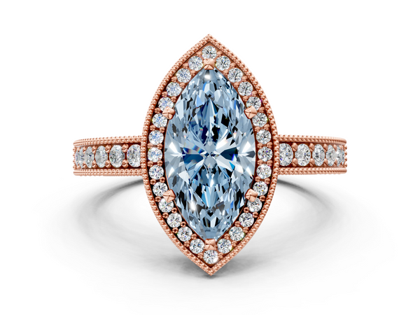 Rose gold Fancy Blue Marquise  Cut Halo Diamond Pave Band Ring with Four-Prong Setting