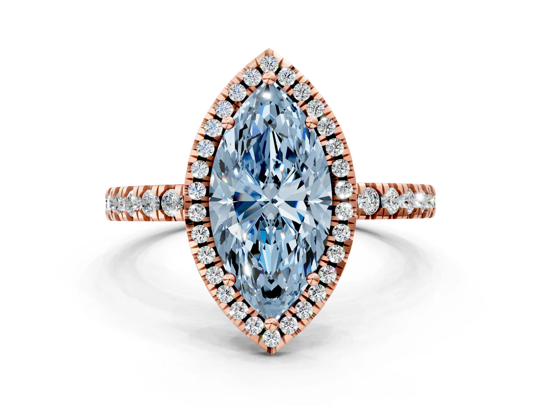 Rose gold Fancy Blue Marquise Cut Halo Diamond Pave Band with Prong Setting