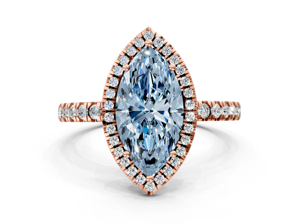 Rose gold Fancy Blue Marquise Cut Halo Diamond Pave Band with Prong Setting
