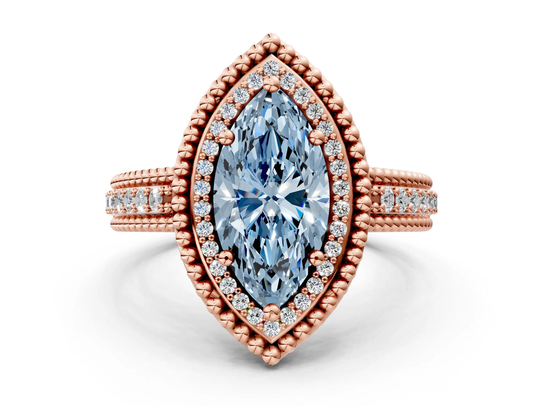 Rose gold Fancy Blue Marquise Cut Halo Diamond Ring with Beaded Split Shank and Four-Prong Setting
