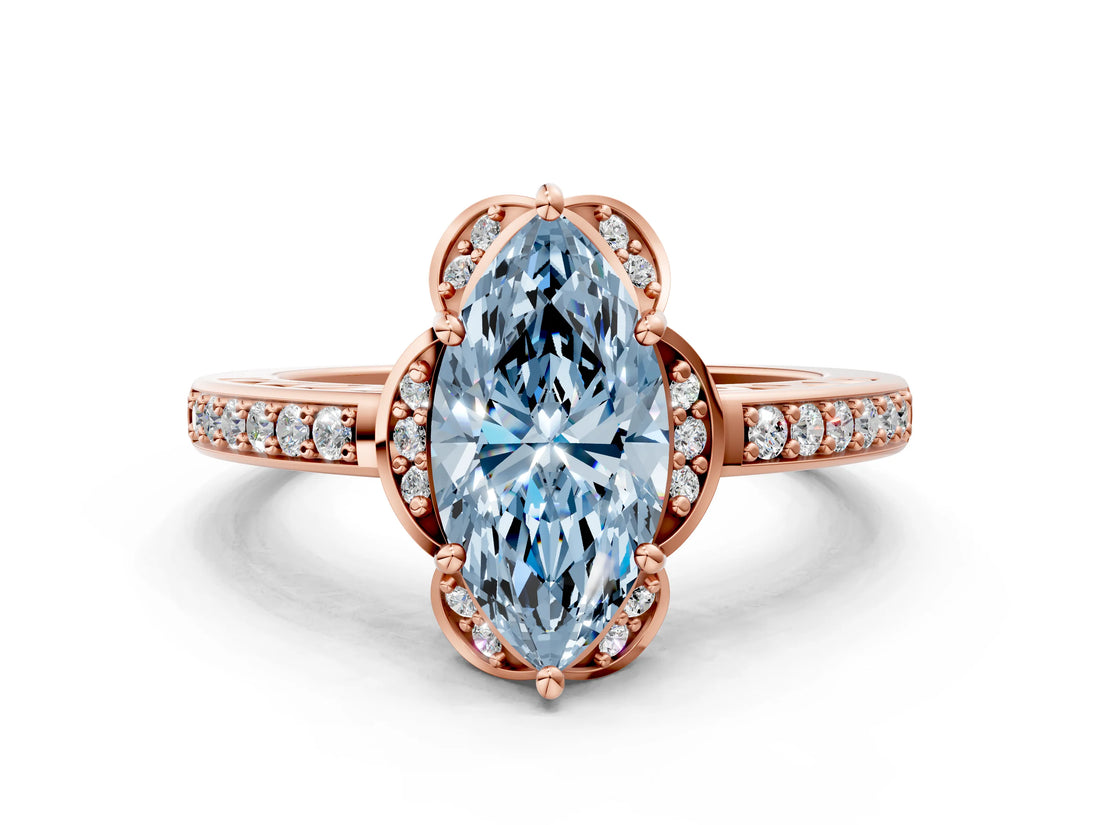 Rose gold Fancy Blue Marquise  Cut Halo Diamond Ring with Channel Set Band and Four-Prong Setting_32