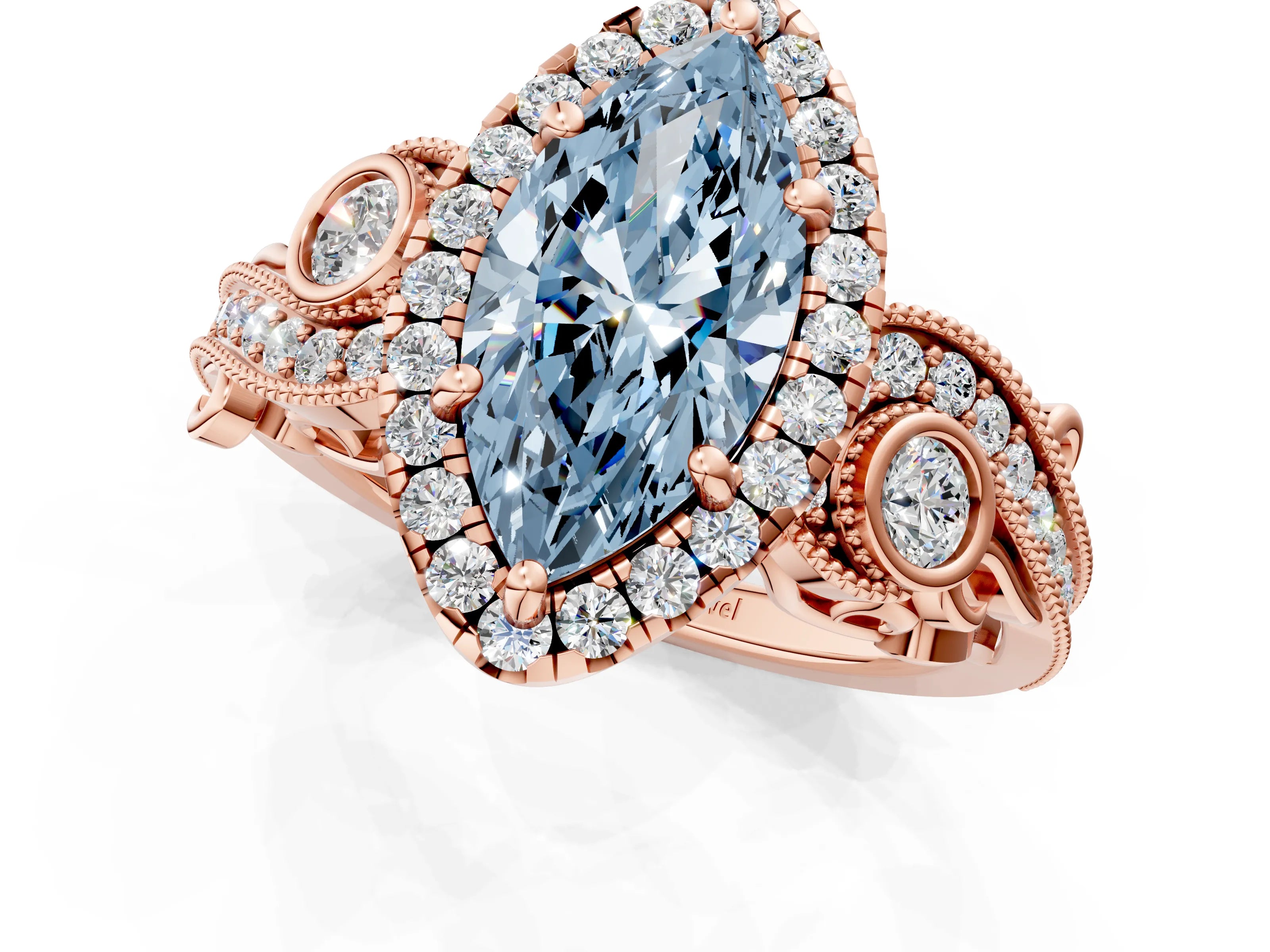 Rose gold Fancy Blue Marquise Cut Halo Diamond Ring with Milgrain and Bezel Accents on a Split Shank Band_1