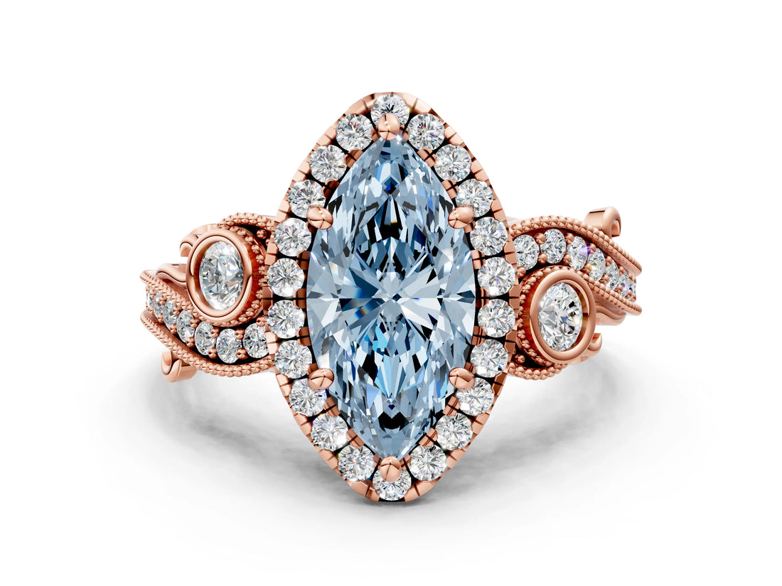 Rose gold Fancy Blue Marquise Cut Halo Diamond Ring with Milgrain and Bezel Accents on a Split Shank Band_13
