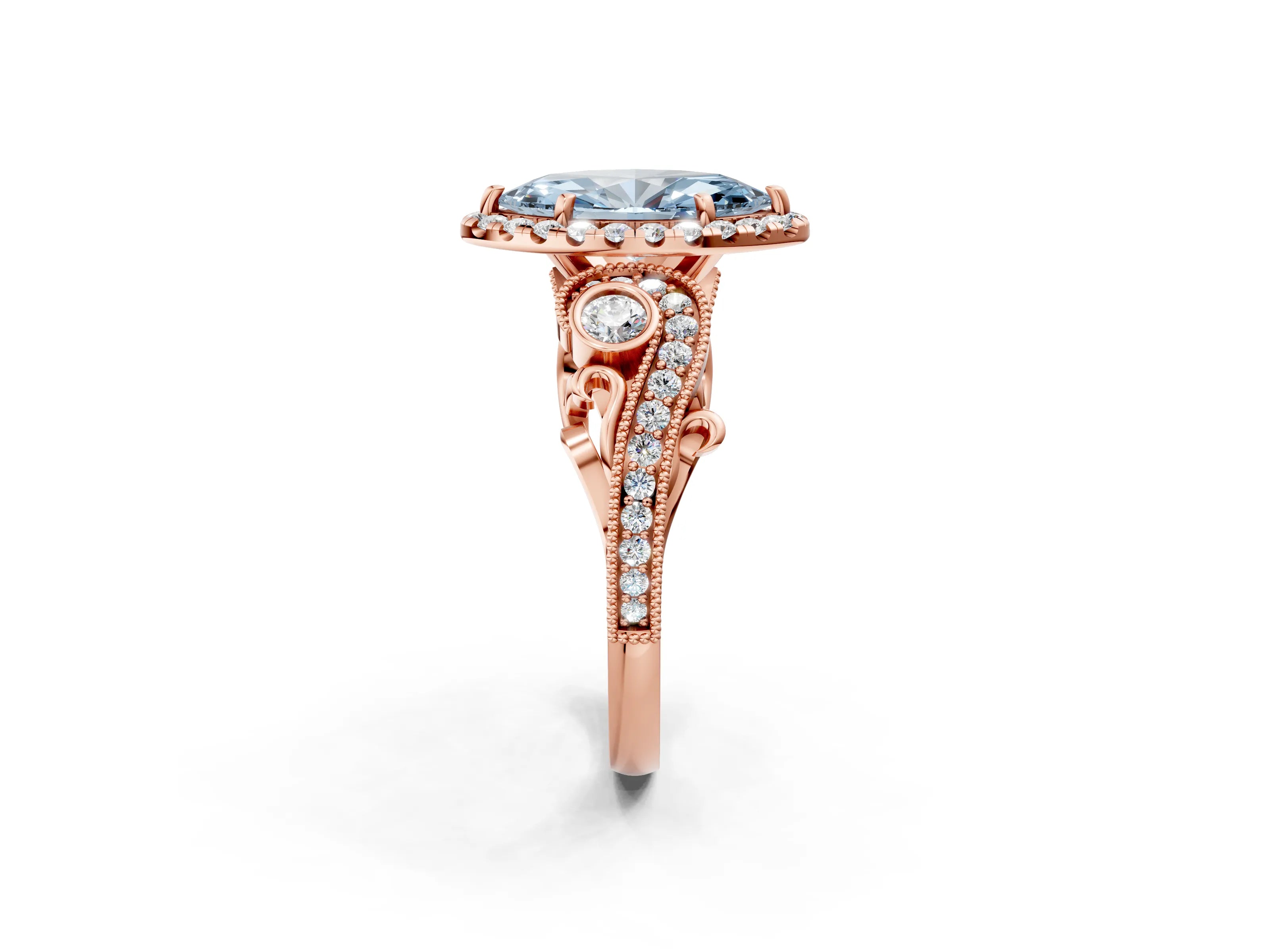 Rose gold Fancy Blue Marquise Cut Halo Diamond Ring with Milgrain and Bezel Accents on a Split Shank Band_2