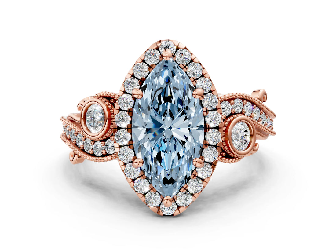 Rose gold Fancy Blue Marquise Cut Halo Diamond Ring with Milgrain and Bezel Accents on a Split Shank Band_24