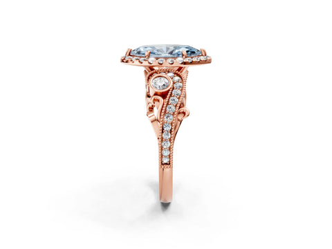 Rose gold Fancy Blue Marquise Cut Halo Diamond Ring with Milgrain and Bezel Accents on a Split Shank Band_2