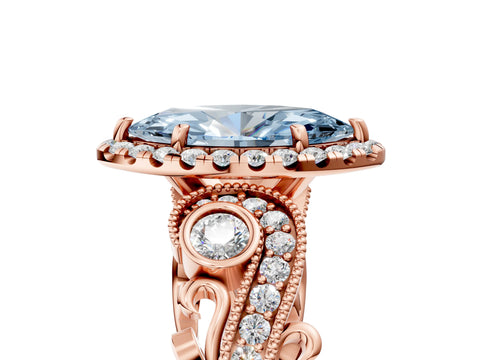 Rose gold Fancy Blue Marquise Cut Halo Diamond Ring with Milgrain and Bezel Accents on a Split Shank Band_5