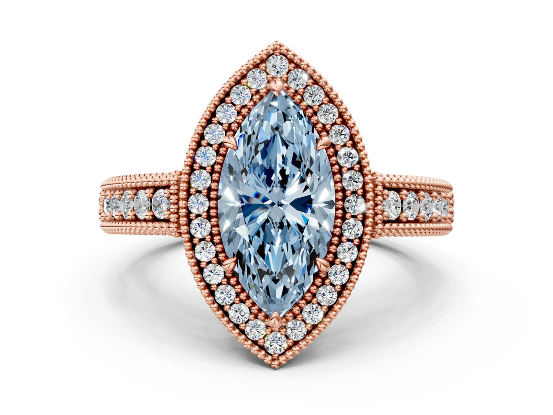 Rose gold Fancy Blue Marquise  Cut Halo Diamond Ring with Pavé Band and Four-Prong Setting_68