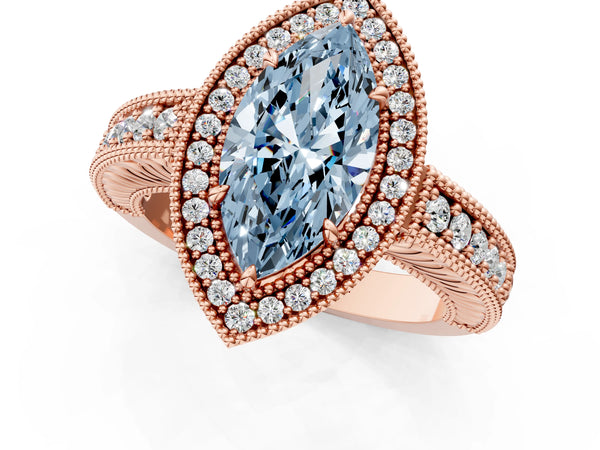 Rose gold Fancy Blue Marquise  Cut Halo Diamond Ring with Pavé Band and Four-Prong Setting
