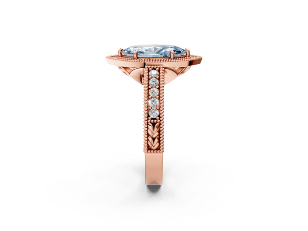 Rose gold Fancy Blue Marquise  Cut Halo Diamond Ring with Pavé Band and Four-Prong Setting
