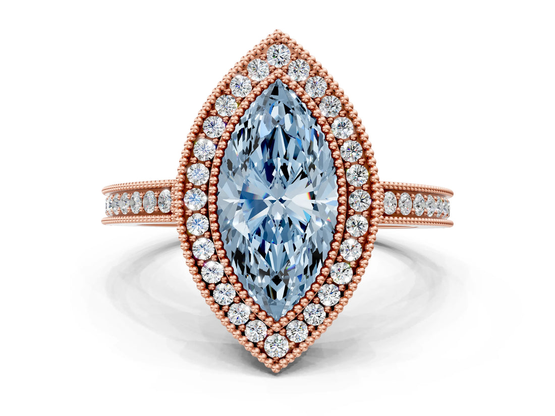 Rose gold Fancy Blue Marquise  Cut Halo Diamond Ring with Pavé Band and Milgrain Prong Setting_32