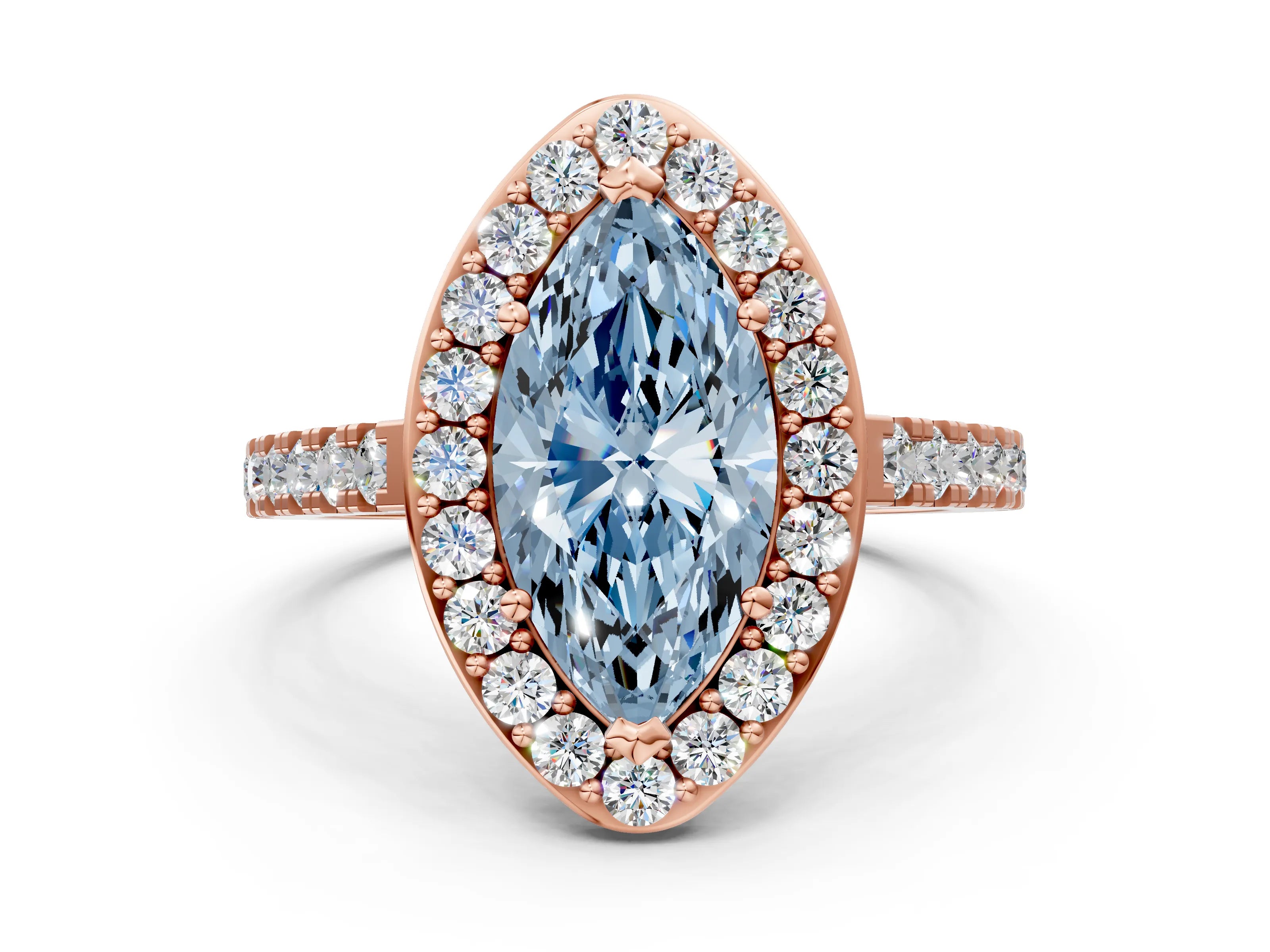 Rose gold Fancy Blue Marquise Cut Halo Diamond Ring with Pavé Band and Three-Prong Setting