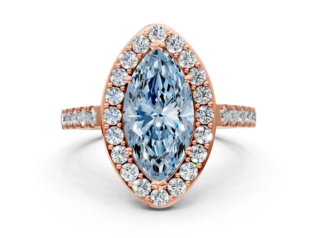 Rose gold Fancy Blue Marquise Cut Halo Diamond Ring with Pavé Band and Three-Prong Setting