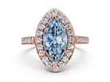 Rose gold Fancy Blue Marquise Cut Halo Diamond Ring with Pavé Band and Three-Prong Setting