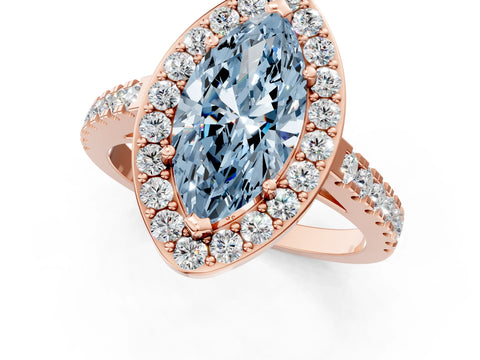Rose gold Fancy Blue Marquise Cut Halo Diamond Ring with Pavé Band and Three-Prong Setting_1