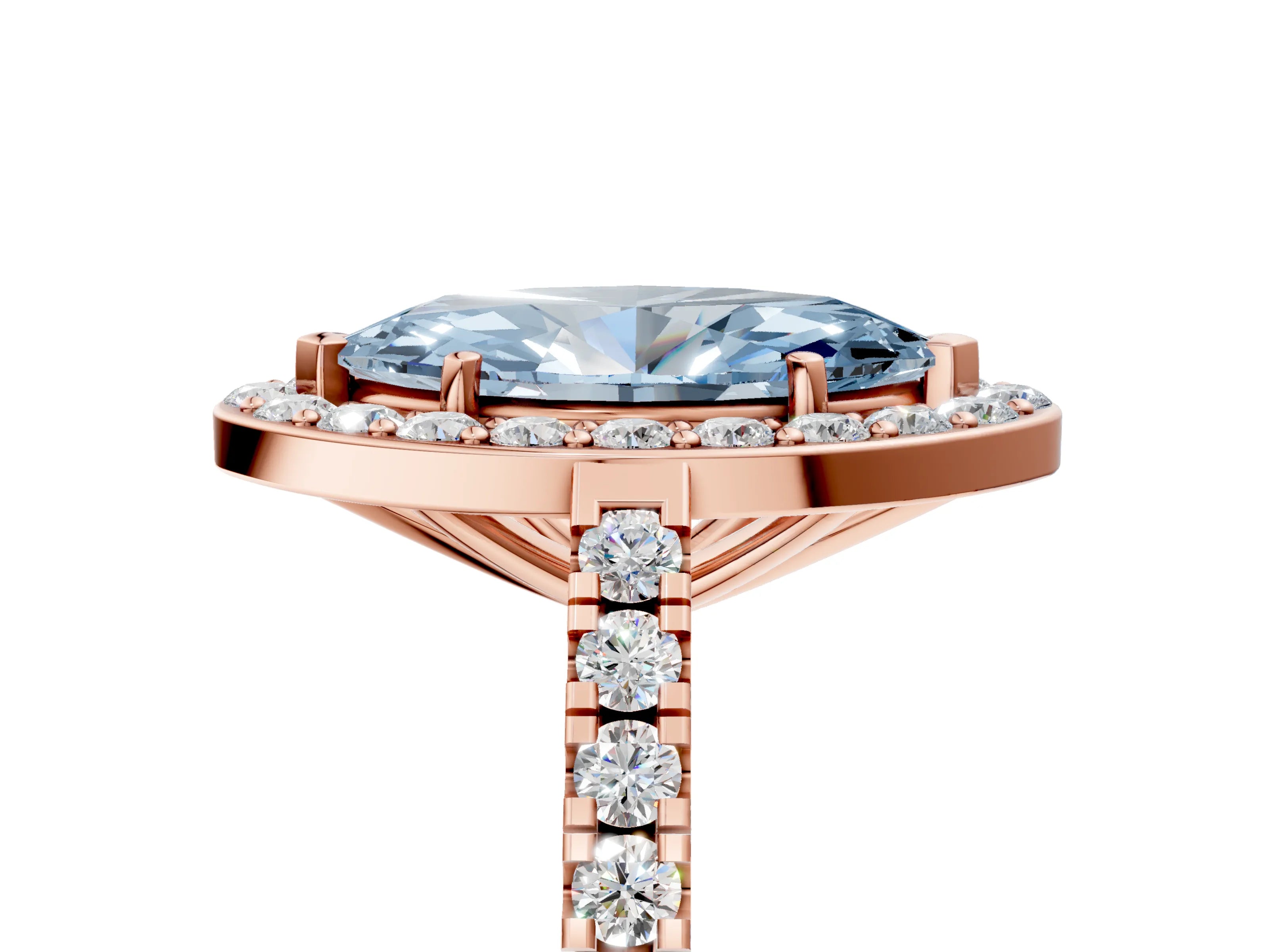 Rose gold Fancy Blue Marquise Cut Halo Diamond Ring with Pavé Band and Three-Prong Setting_5