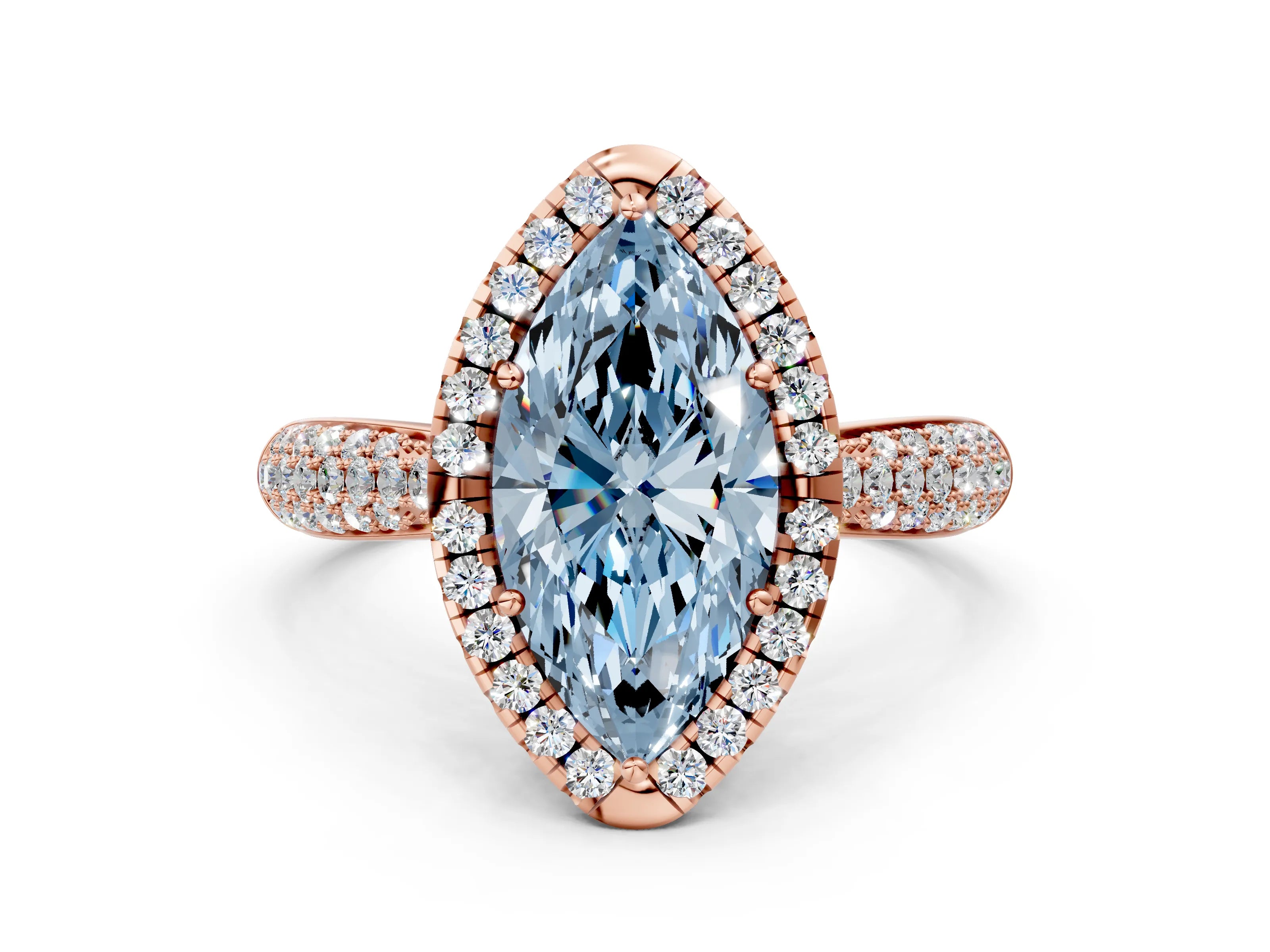 Rose gold Fancy Blue Marquise Cut Halo Diamond Ring with Pavé Band
