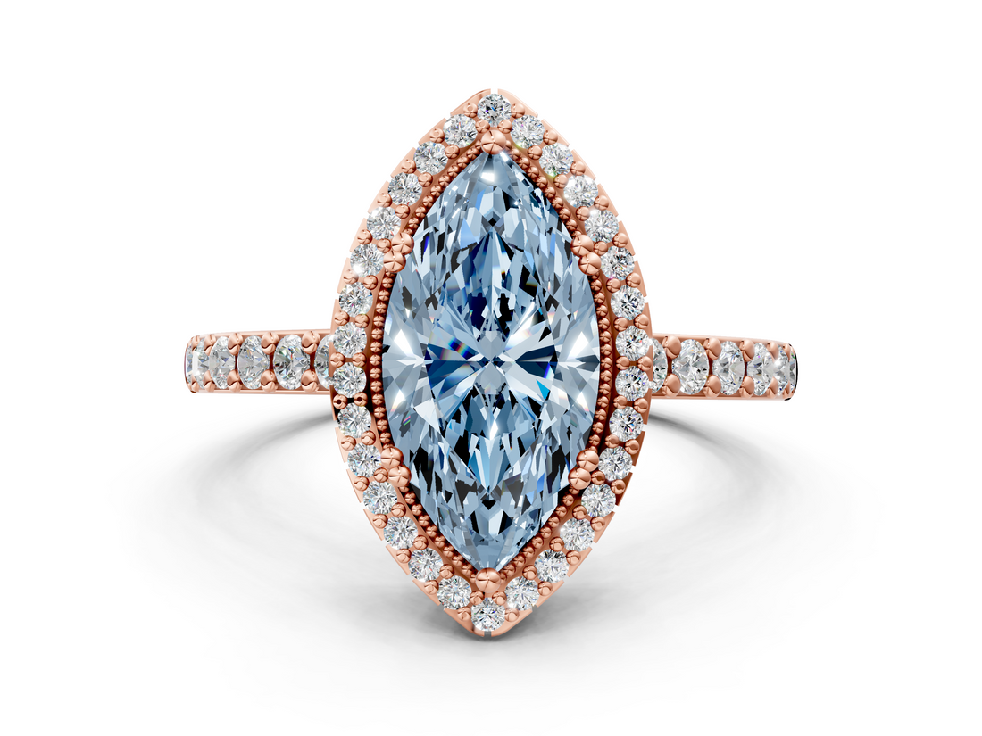 Rose gold Fancy Blue Marquise  Cut Halo Diamond Ring with Pave Band and Four-Prong Setting_24