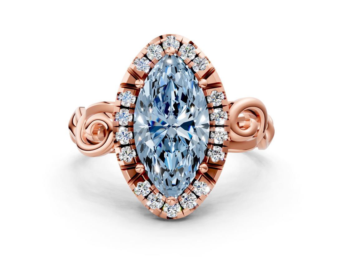 Rose gold Fancy Blue Marquise  Cut Halo Diamond Ring with Scrollwork Band and Four-Prong Setting_101
