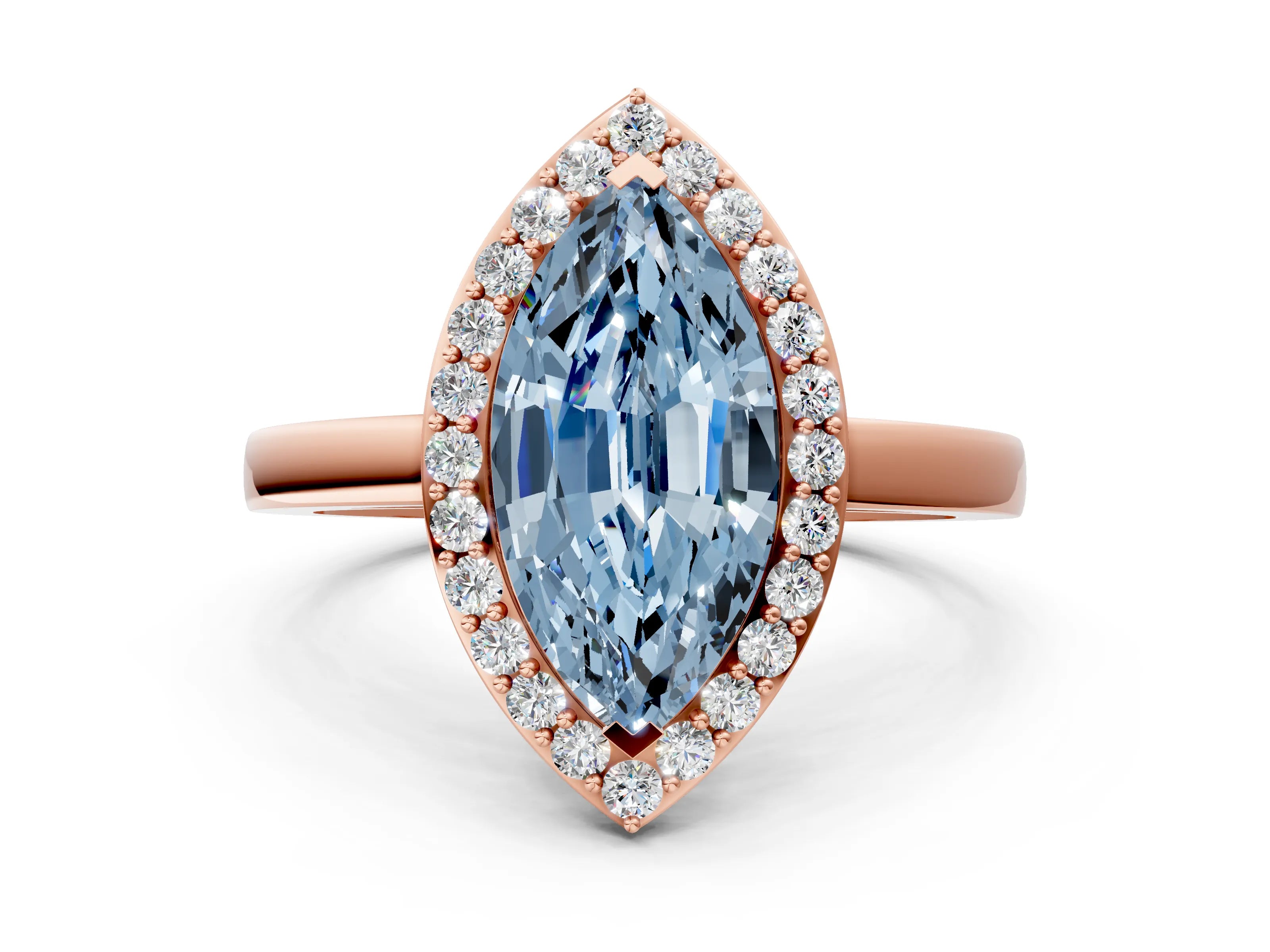 Rose gold Fancy Blue Marquise Cut Halo Diamond Ring with Solitaire Band and Prong Setting