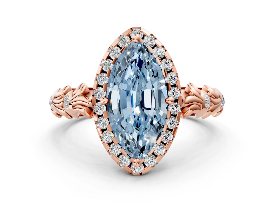 Rose gold Fancy Blue Marquise Cut Halo Diamond Solitaire with Filigree Band and Four-Prong Setting