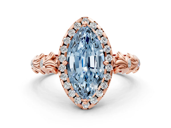 Rose gold Fancy Blue Marquise Cut Halo Diamond Solitaire with Filigree Band and Four-Prong Setting