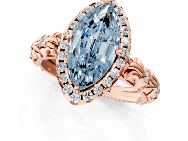 Rose gold Fancy Blue Marquise Cut Halo Diamond Solitaire with Filigree Band and Four-Prong Setting